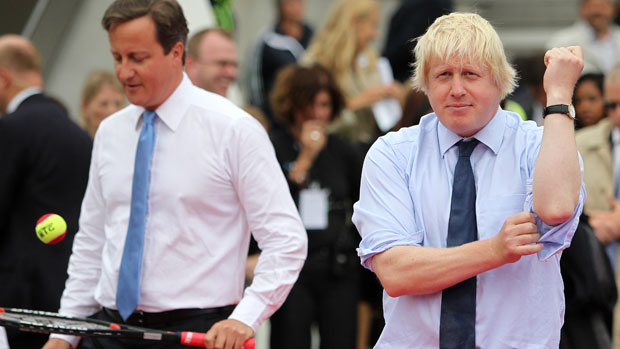 David Cameron and Boris Johnson warm up for a tennis match at Trafalgar Square