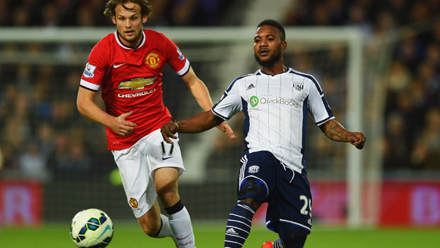 Stephane Sessegnon of West Bromwich Albion vies with Daley Blind of Manchester United