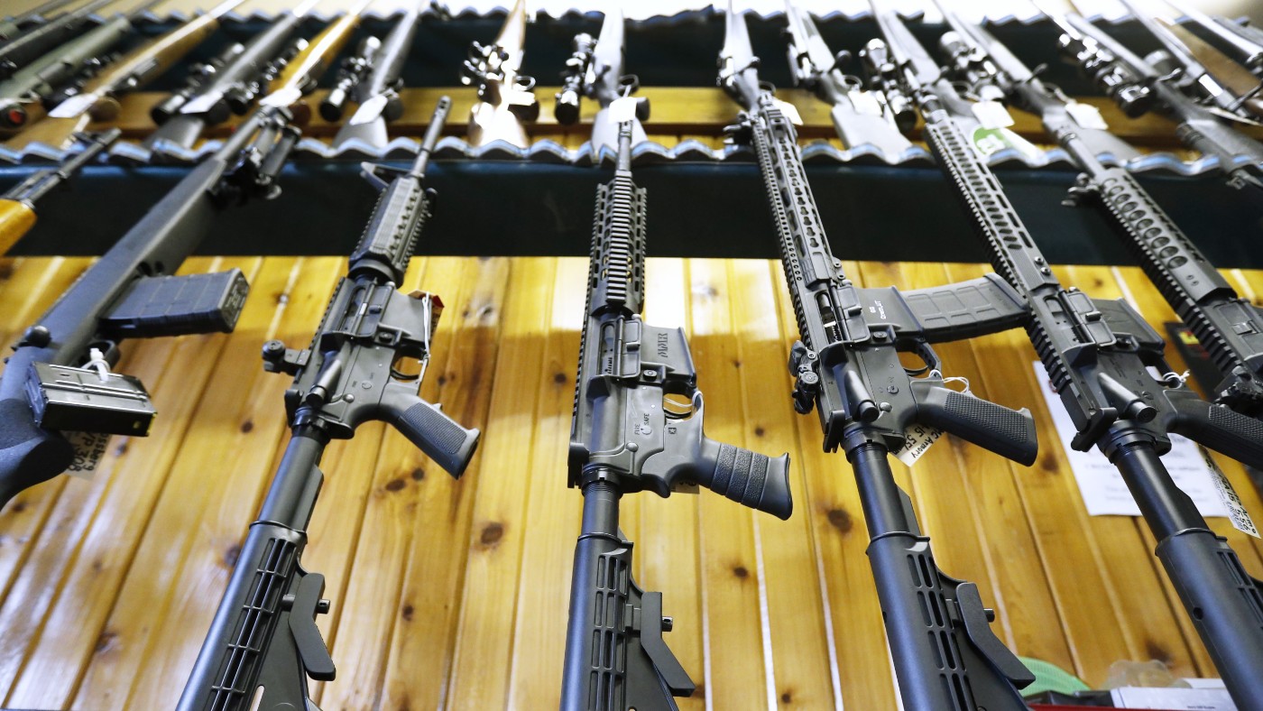 Semi-automatic AR-15s for sale at a gun shop in the US