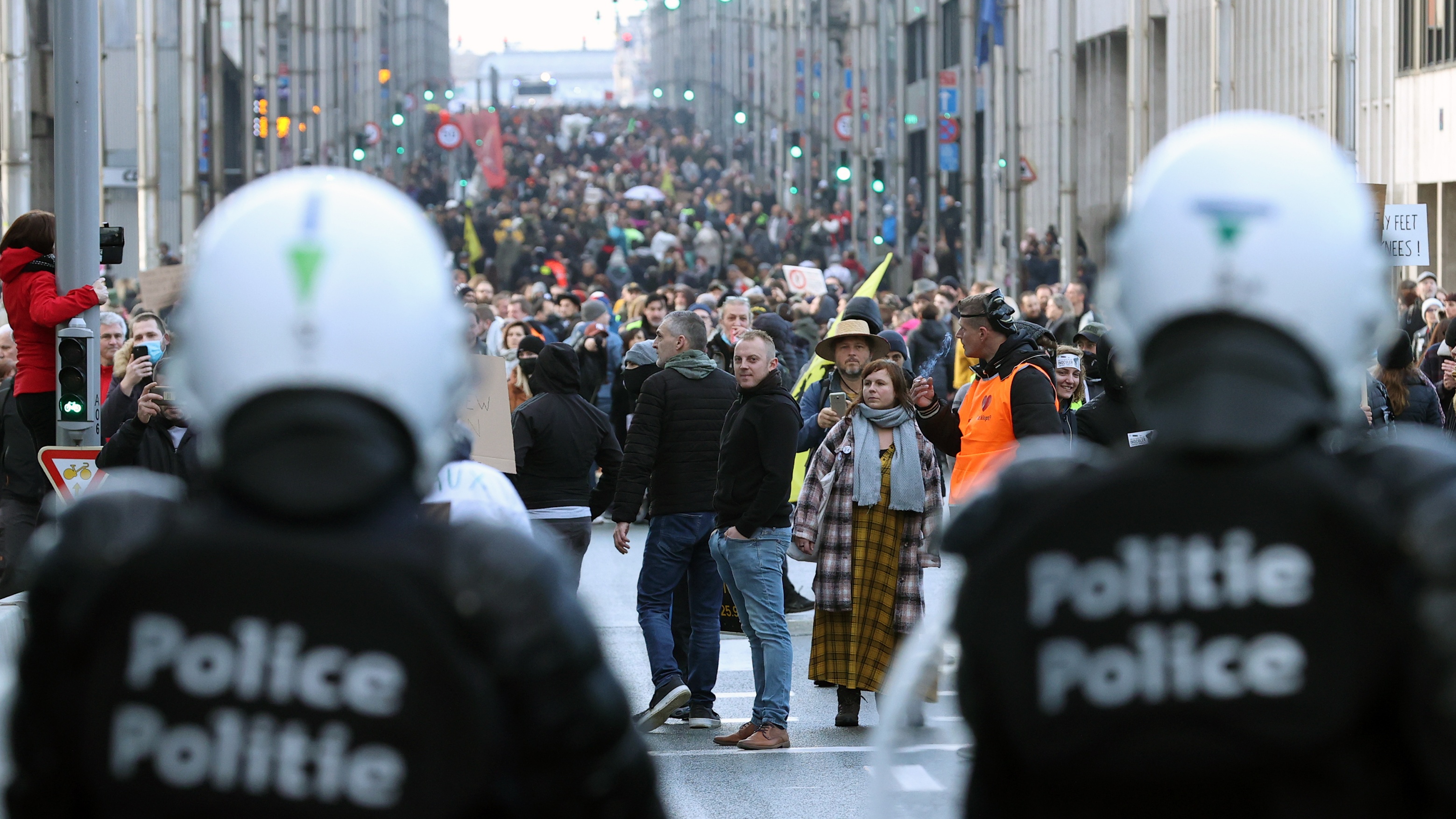 Demonstrators gather in the Belgian capital Brussels