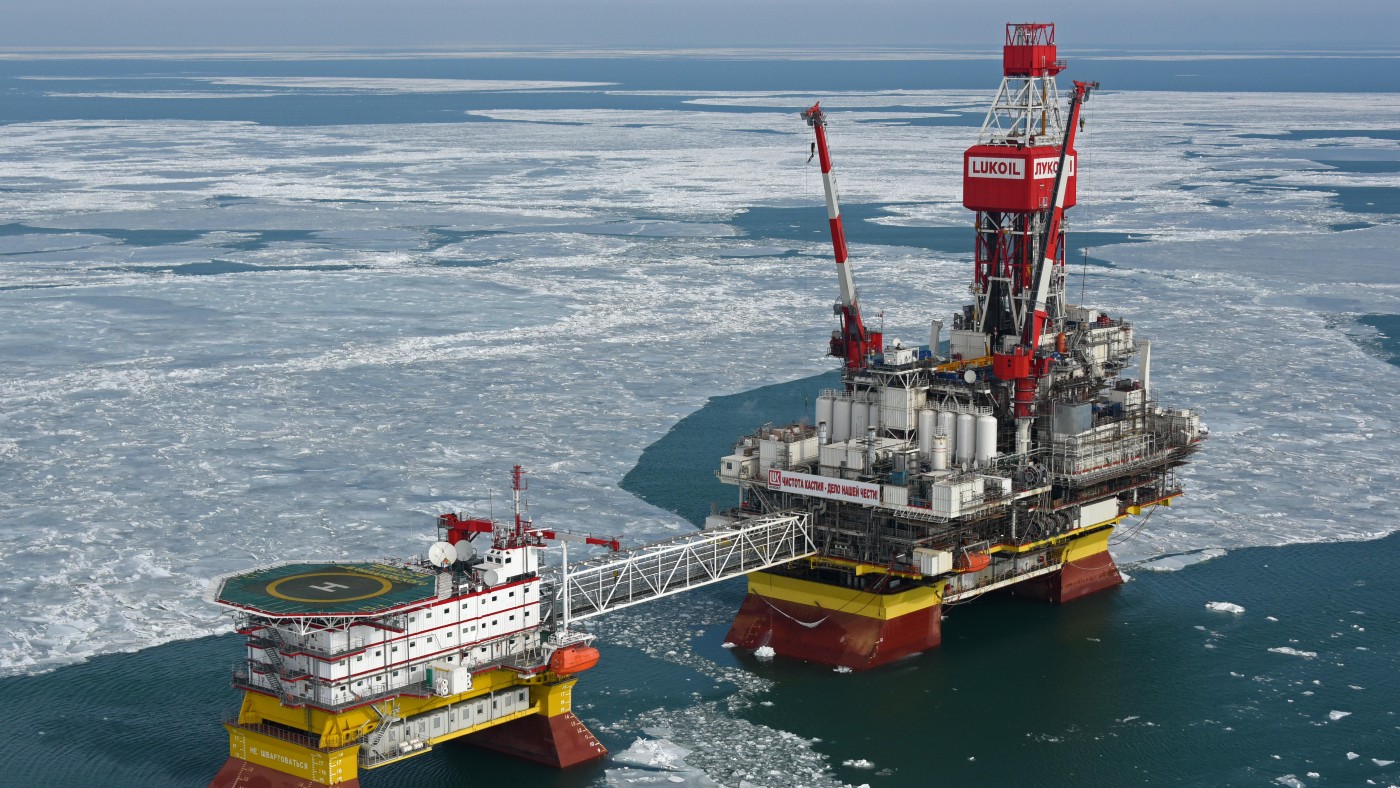 A Russian oil rig in the Caspian Sea