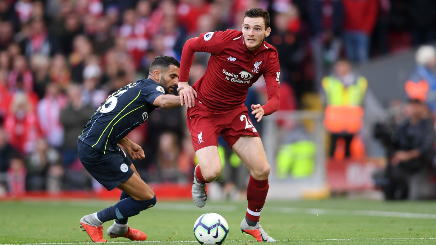 Liverpool left-back Andy Robertson in Premier League action against Manchester City’s Riyad Mahrez