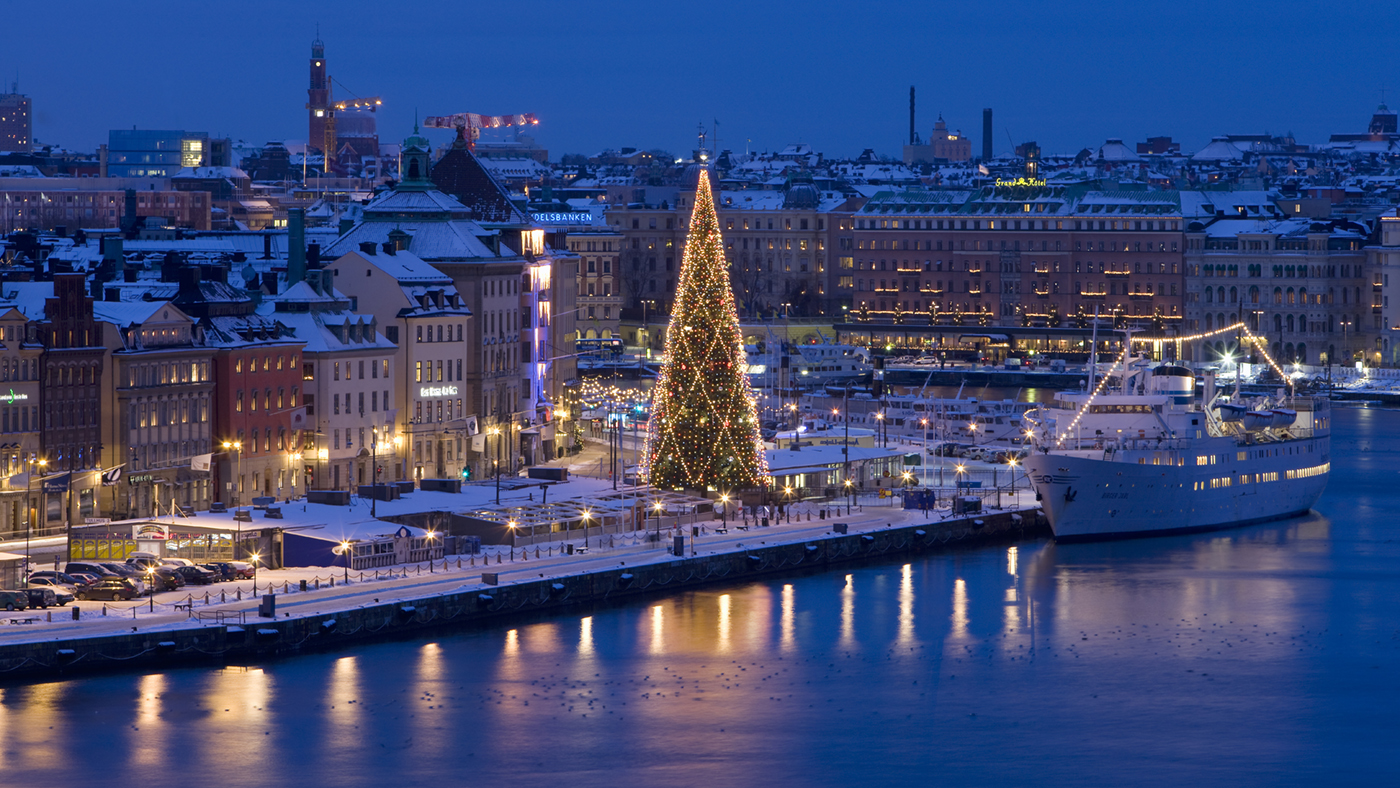 View from Södermalm seeing christmas tree at Skeppsbron, Old Town