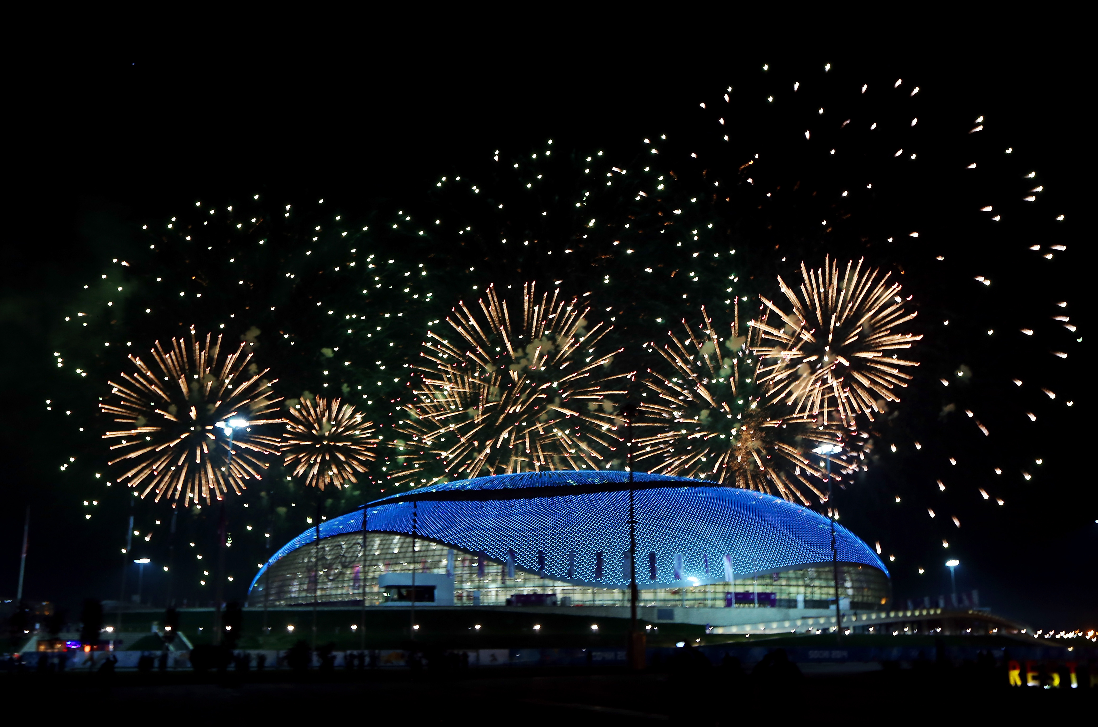 SOCHI, RUSSIA - FEBRUARY 23:Fireworks explode over the Bolshoy Ice Dome on the Olympic Park during the 2014 Sochi Winter Olympics Closing Ceremony on February 23, 2014 in Sochi, Russia. (Phot