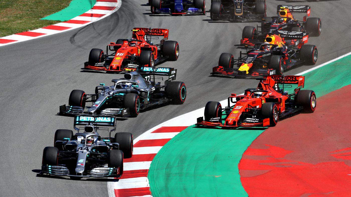 Mercedes, Ferrari and Red Bull race during the 2019 F1 Spanish Grand Prix 