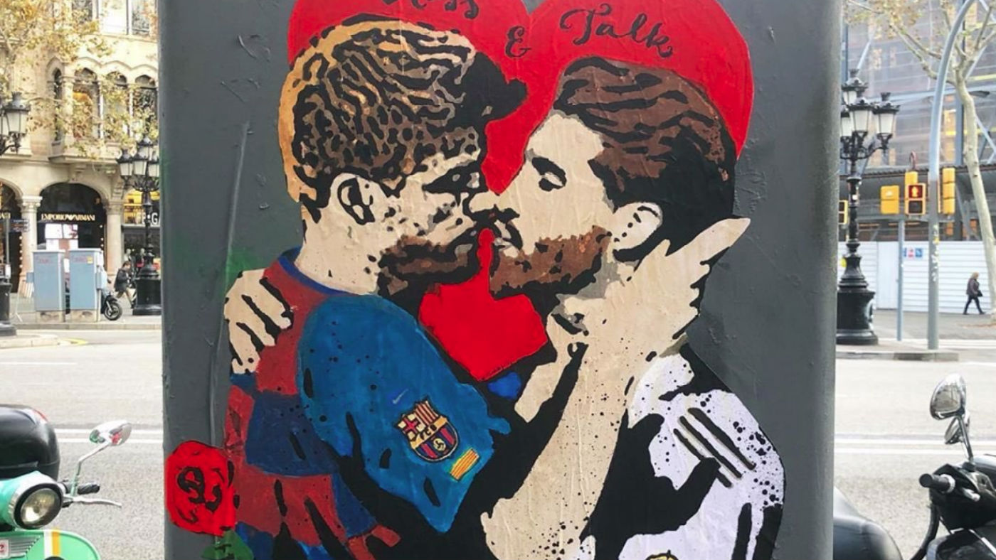 Tvboy’s artwork of Gerard Pique and Sergio Ramos kissing calls for dialogue between Catalonia and Spain