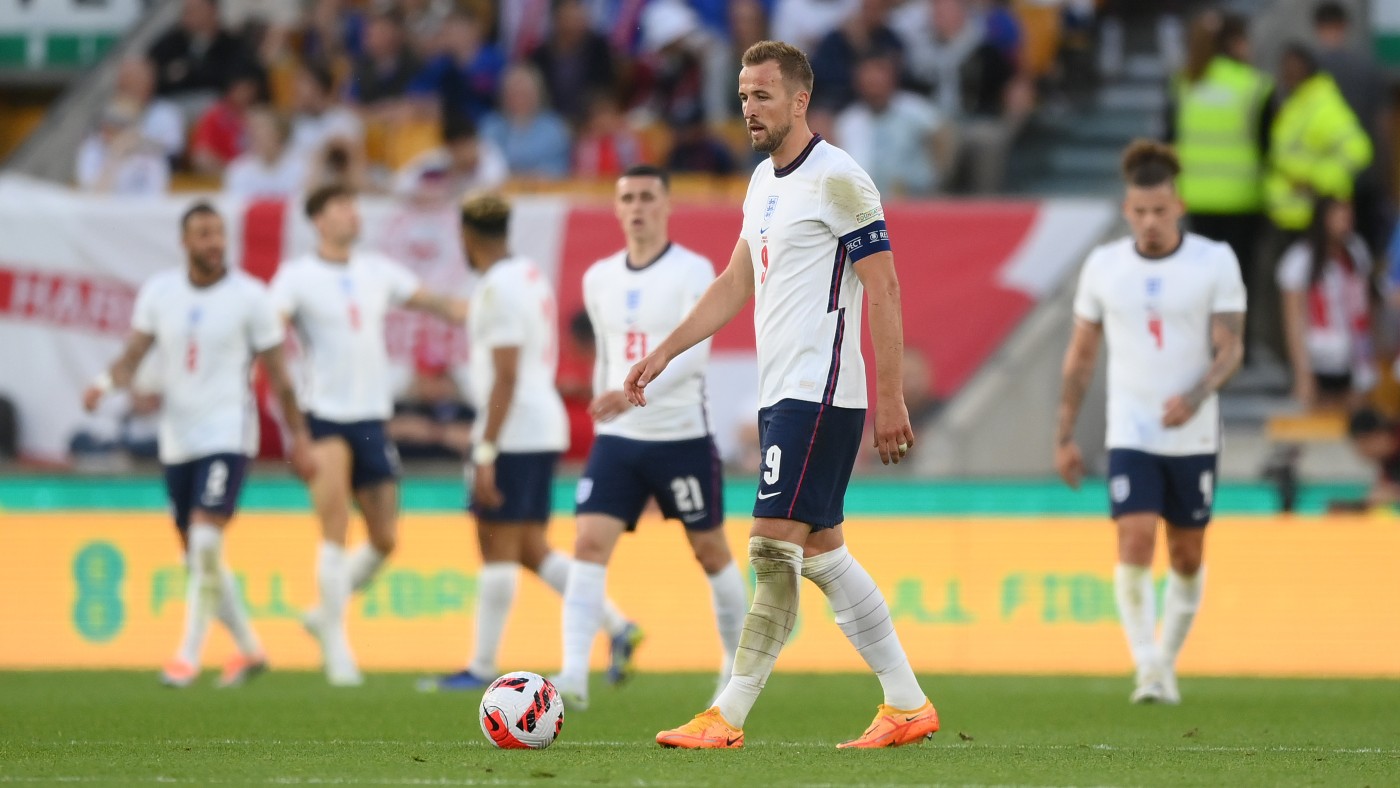 England captain Harry Kane reacts after Hungary’s third goal at Molineux 