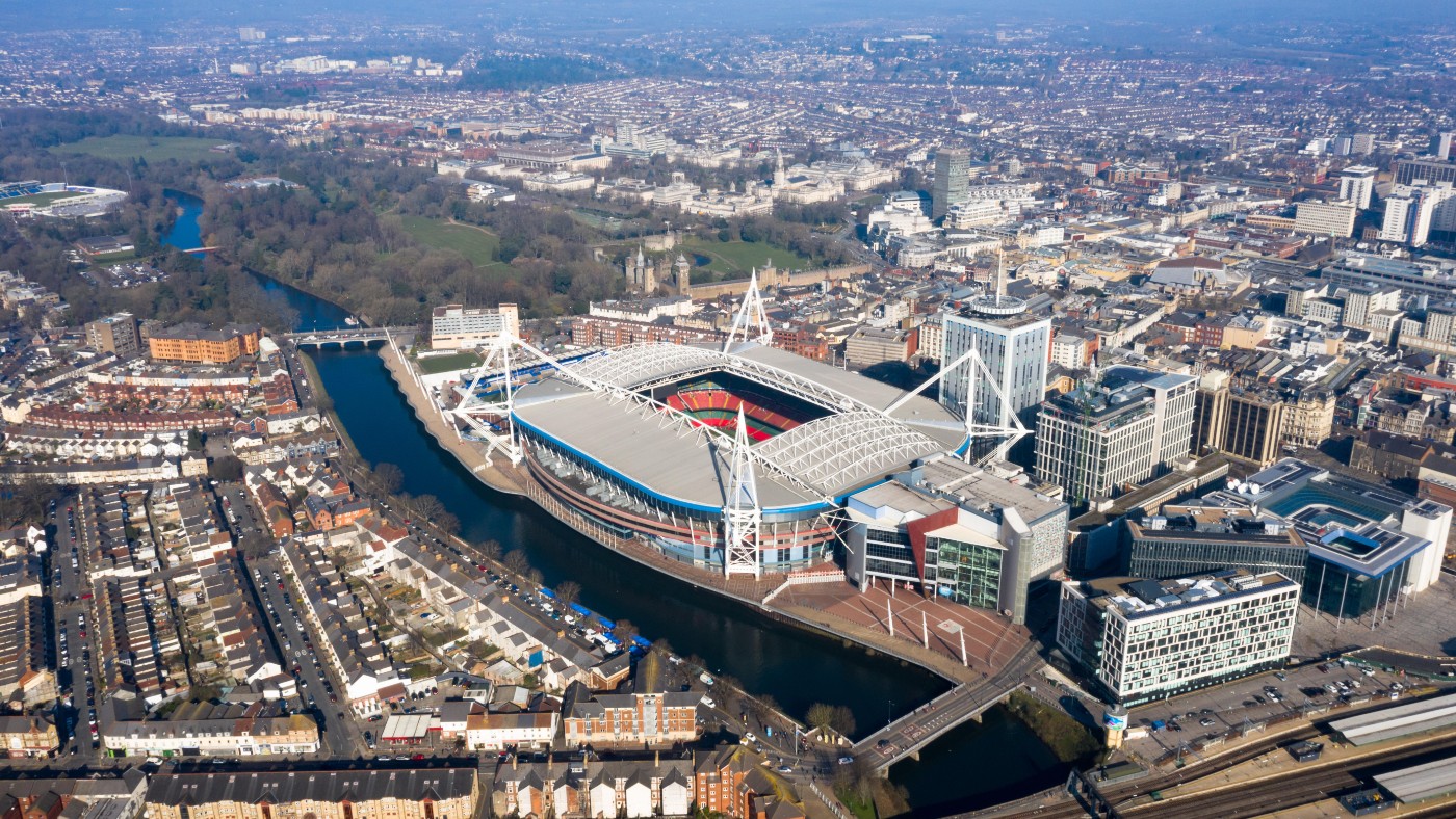 Aerial view of Cardiff city centre, River Taff and Principality Stadium  