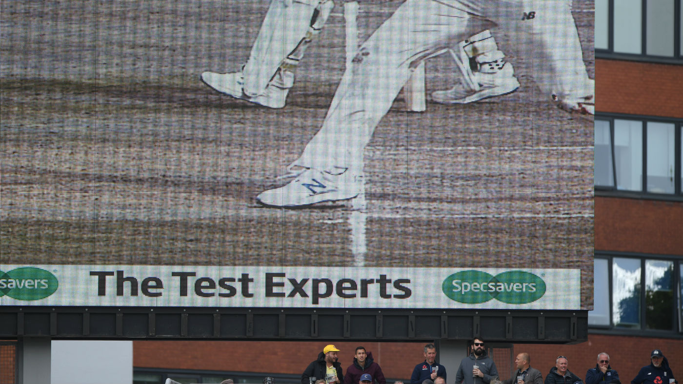 The big screen shows the no ball bowled by England spinner Jack Leach