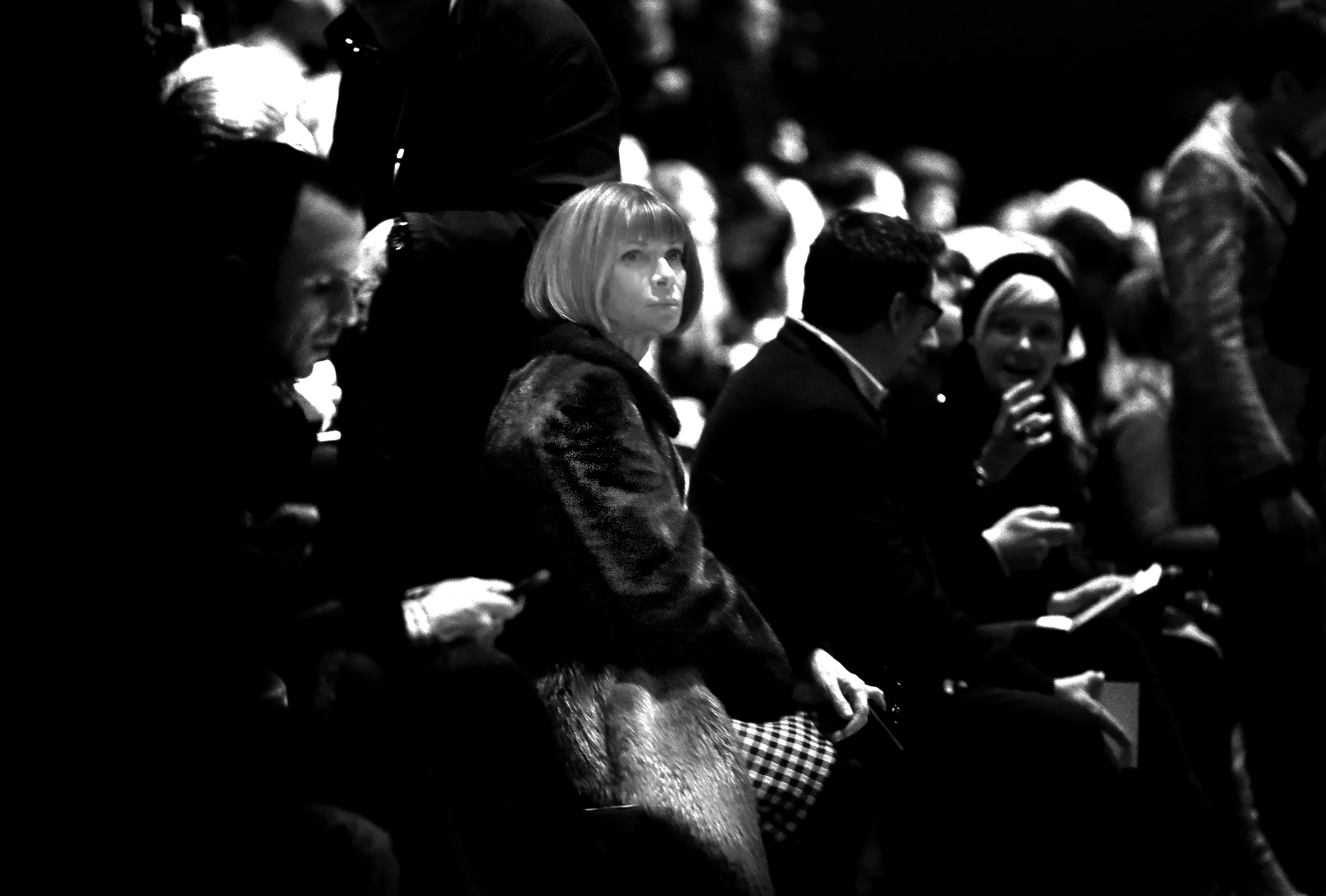 MILAN, ITALY - FEBRUARY 19:(EDITORS NOTE: This image was processed using digital filters) Anna Wintour attends the Fausto Puglisi show as part of Milan Fashion Week Womenswear Autumn/Winter 2