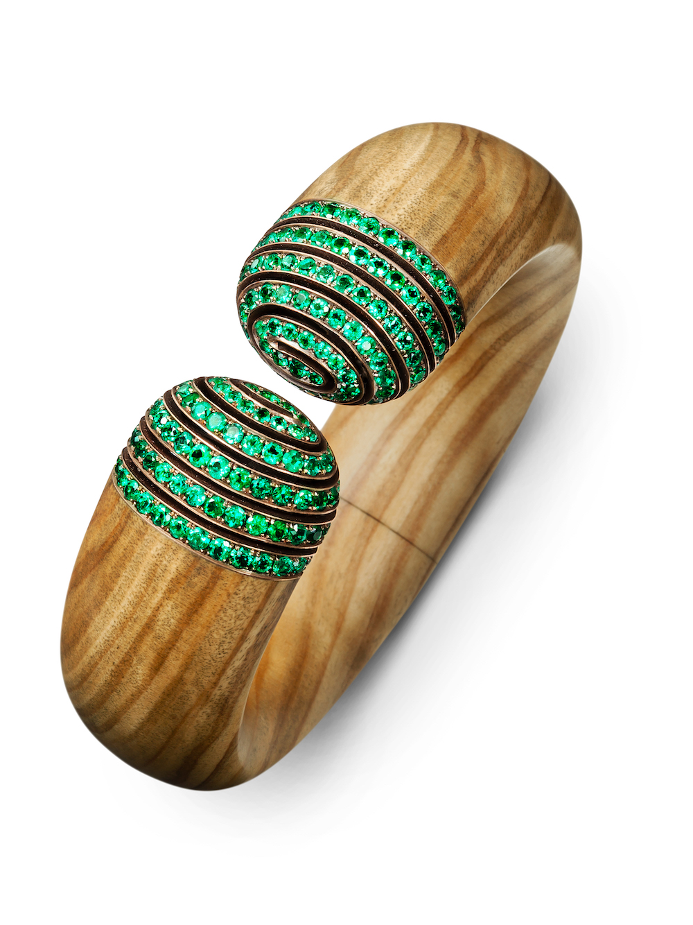 Hemmerle Harmony bangle in olive wood, emeralds, bronze and white gold