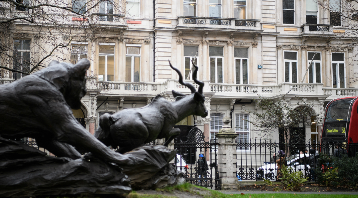 The Lioness and Lesser Kudu statue outside the London HQ of Orbis Business Intelligence
