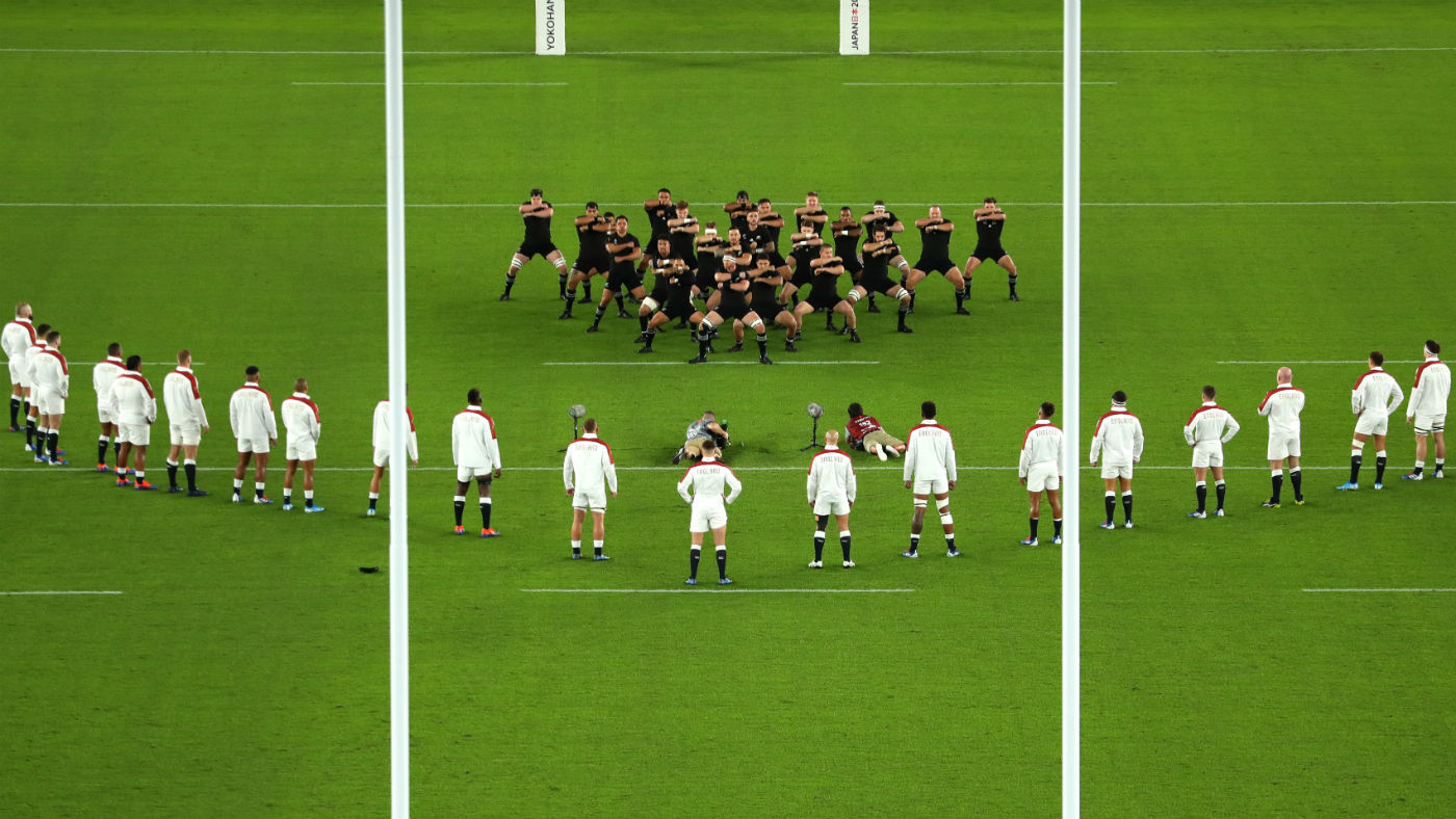 England players lined up in a V formation for New Zealand’s haka before the Rugby World Cup semi-final 