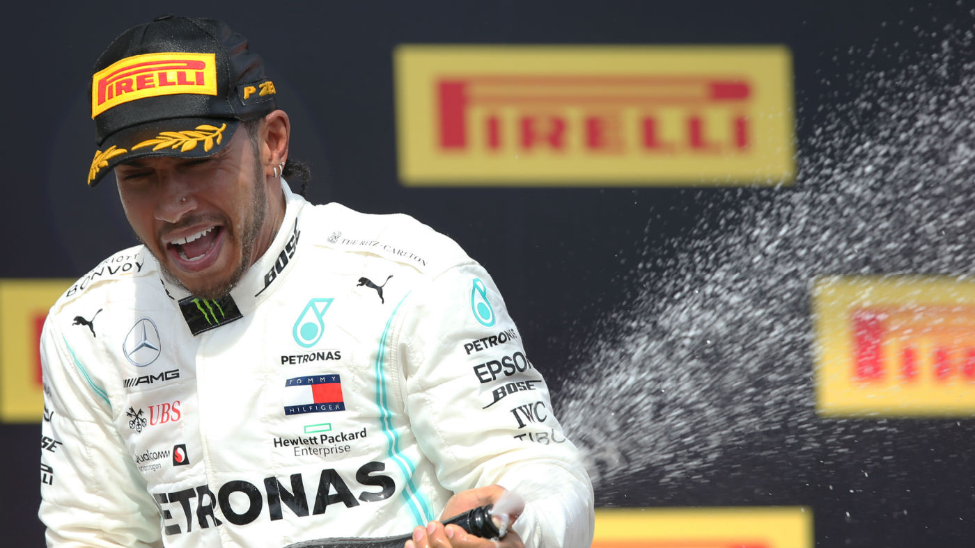 Mercedes driver Lewis Hamilton celebrates his victory at the 2019 Formula 1 French GP
