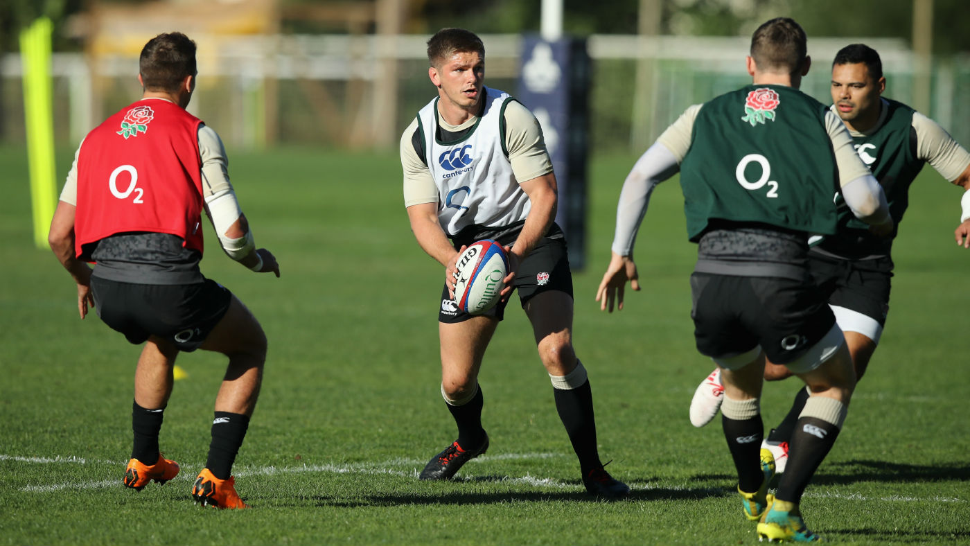 England co-captain Owen Farrell runs with the ball during a training session in Portugal