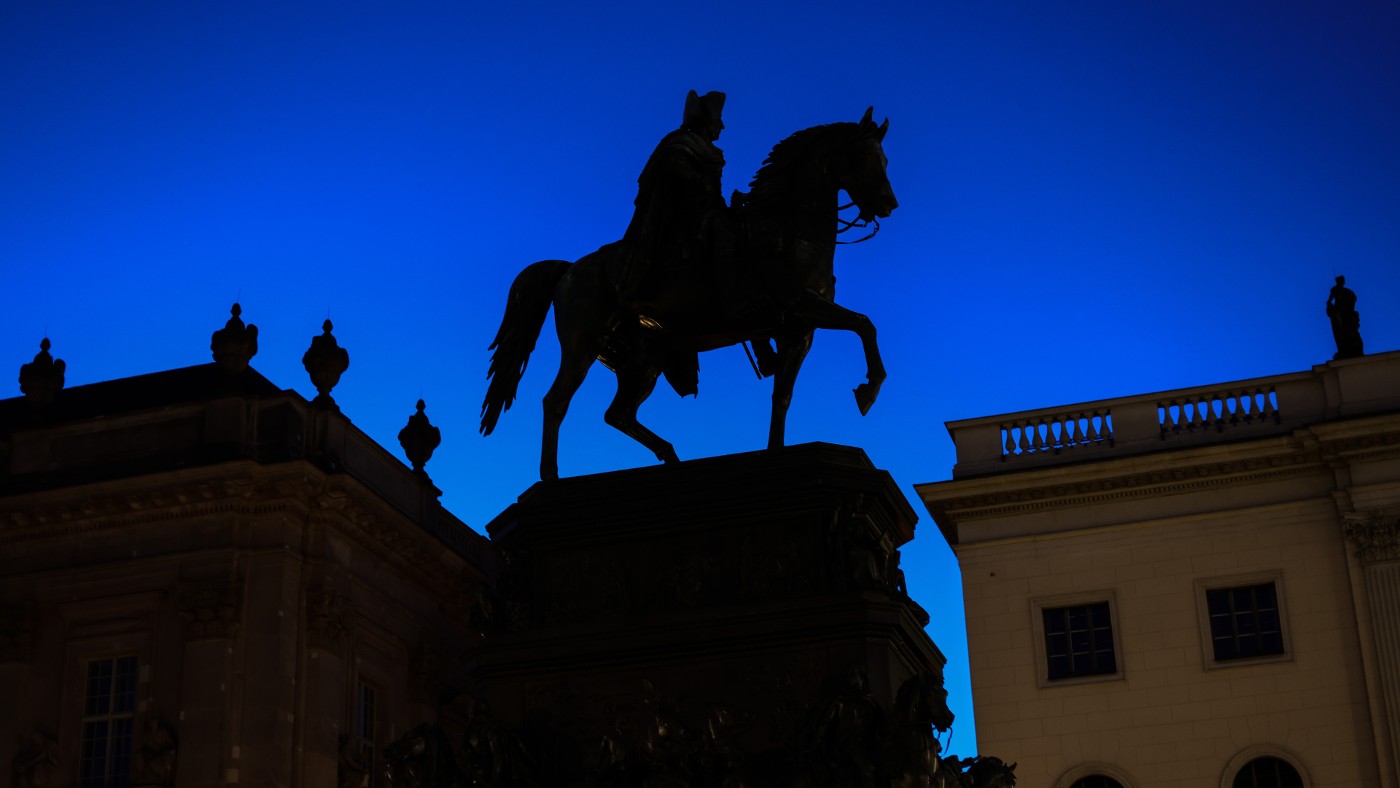The statue of Frederick the Great its lights turned off in Berlin on 27 July