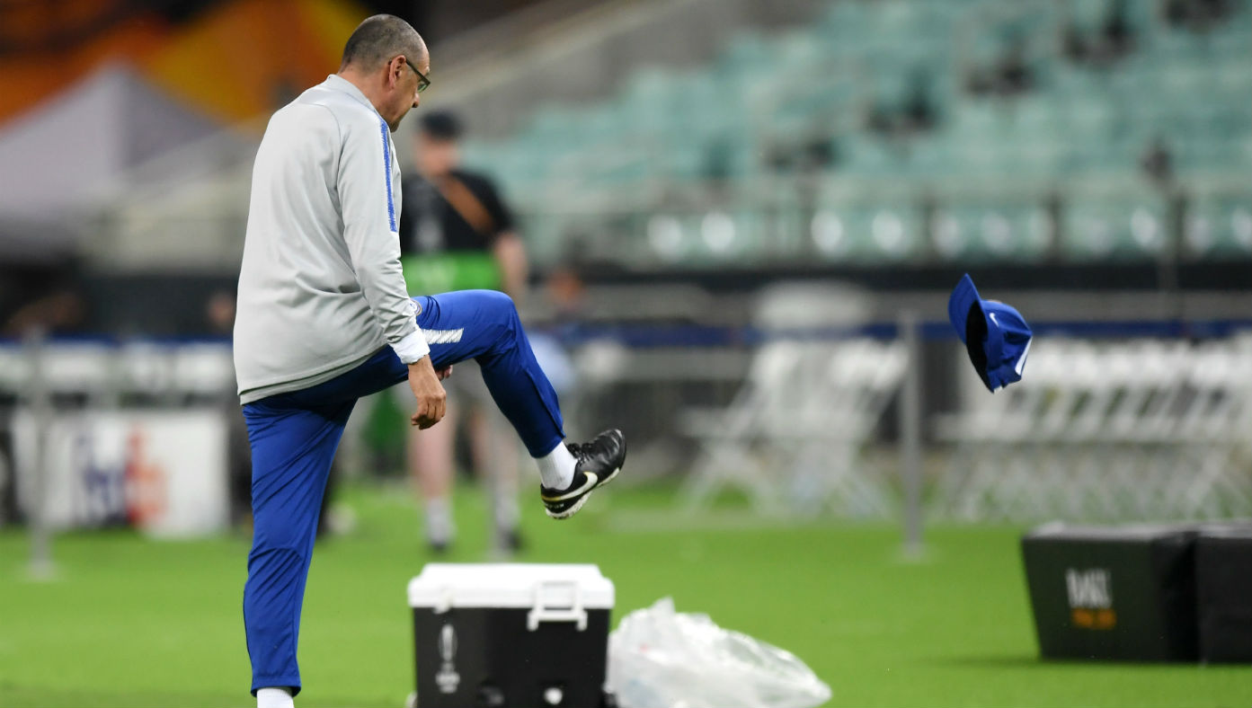 Chelsea boss Maurizio Sarri kicks his cap in frustration during the training session in Baku