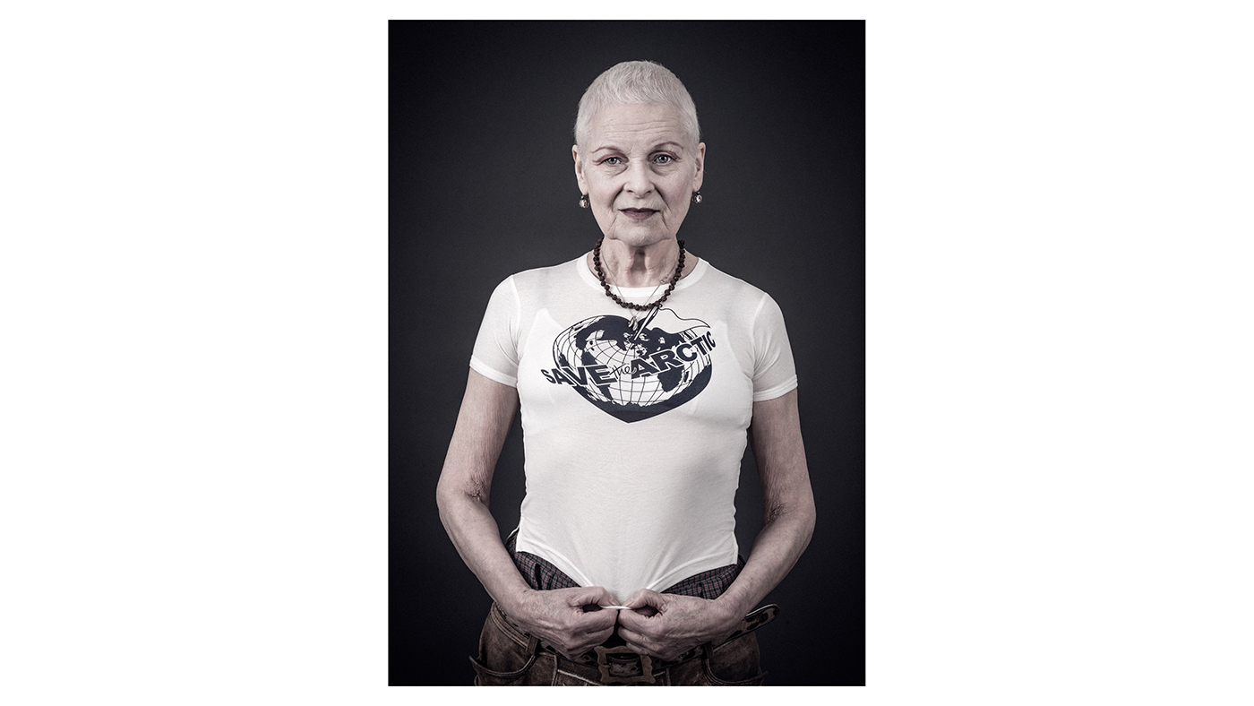 Vivienne Westwood models a Vivienne Westwood-designed t-shirt for the Save the Arctic collection, shot by celebrity photographer Andy Gotts MBE.