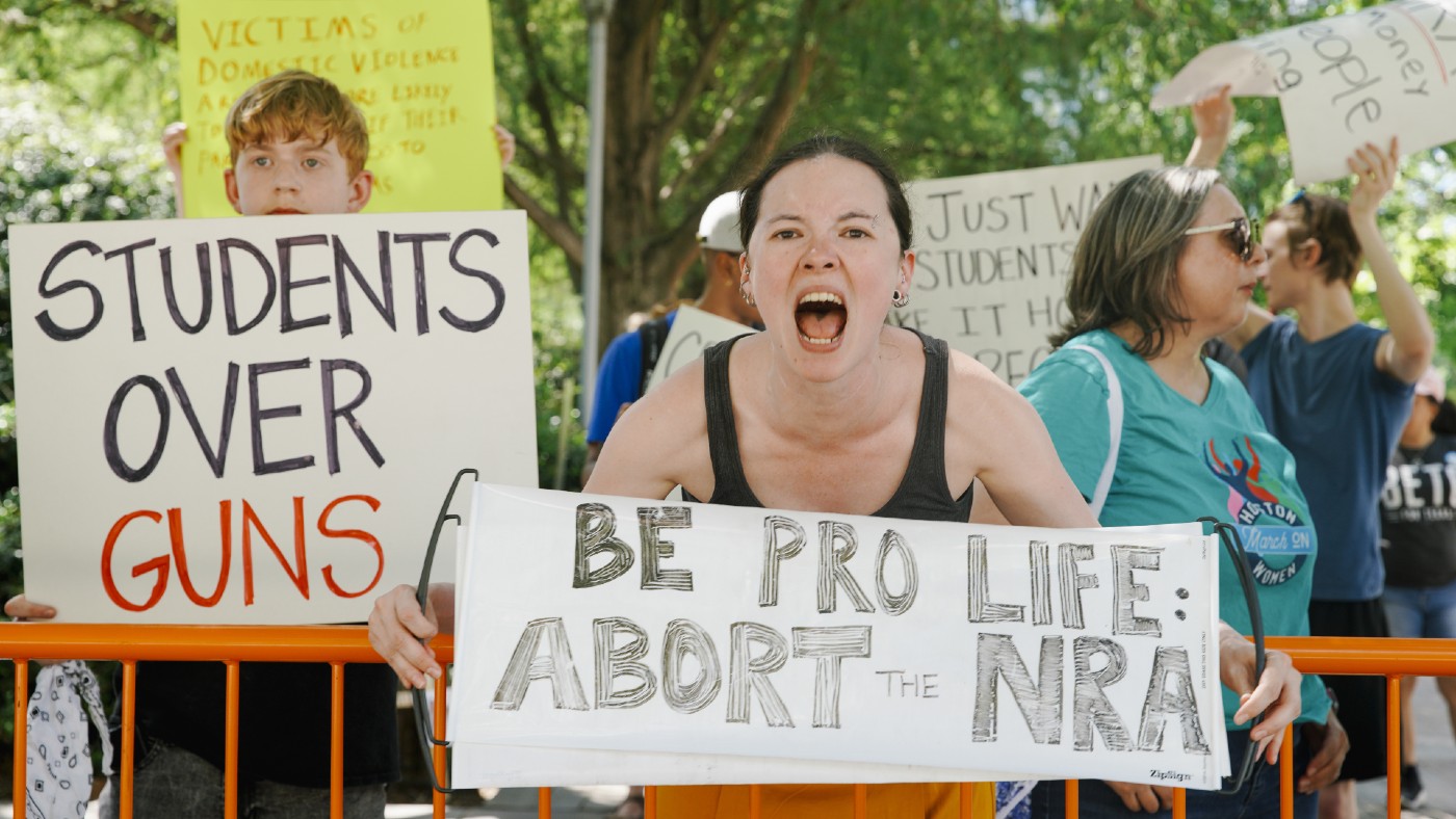 Protester holding &#039;Be pro life, abort NRA&#039; sign