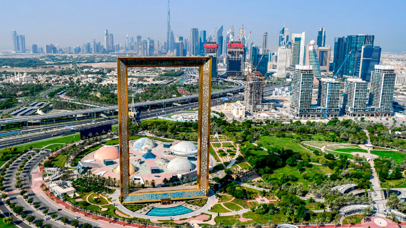 An aerial view of the Dubai Frame landmark