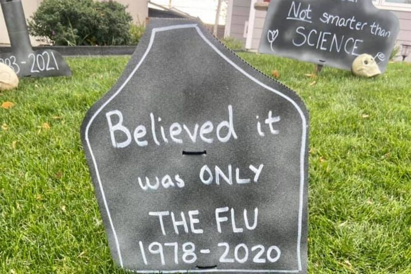 A headstone reading &#039;Believed it was on the Flu&#039;