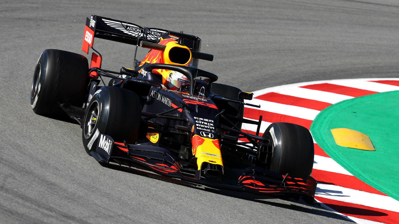 Red Bull’s Max Verstappen drives the RB16 during testing in Barcelona 