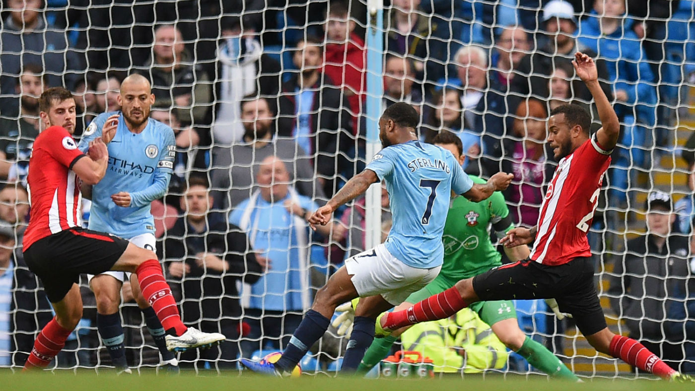 Raheem Sterling scores Manchester City’s fourth goal in the 6-1 win against Southampton