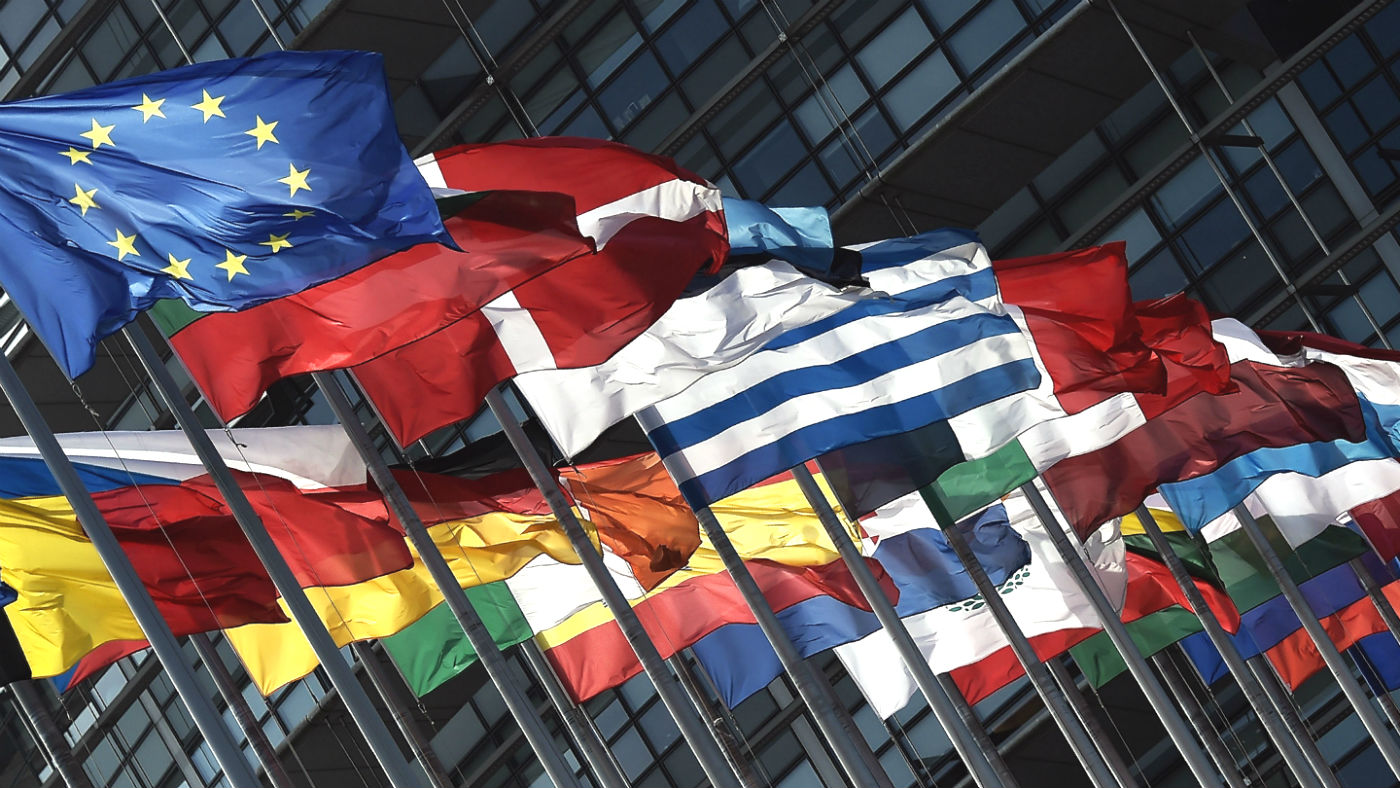 EU member flags outside the European Parliament
