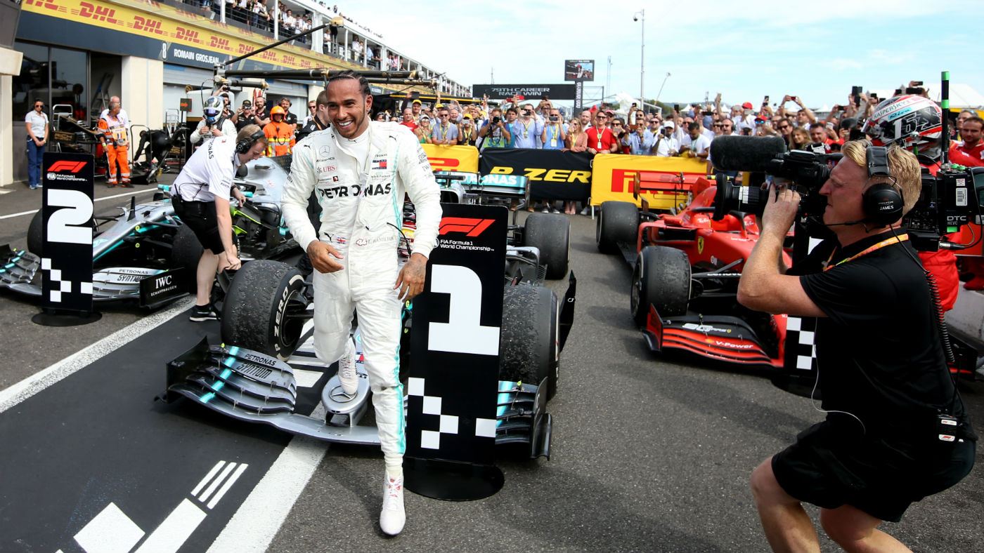 Mercedes driver Lewis Hamilton celebrates his victory at the 2019 Formula 1 French GP