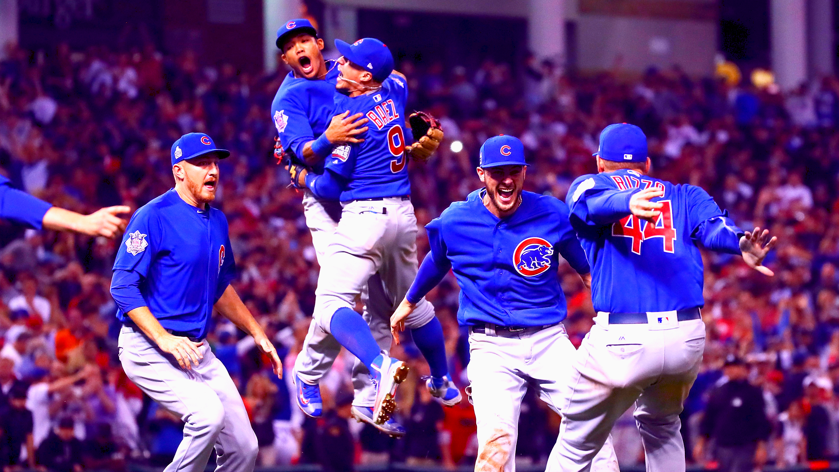 The Chicago Cubs celebrate after defeating the Cleveland Indians 8-7 to win their first World Series in 108 years