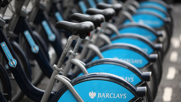 Barclays Cycle Hire bikes parked in their docking stations in London