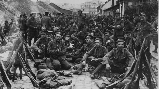 British soldiers, newly arrived in France ready themselves for the front line