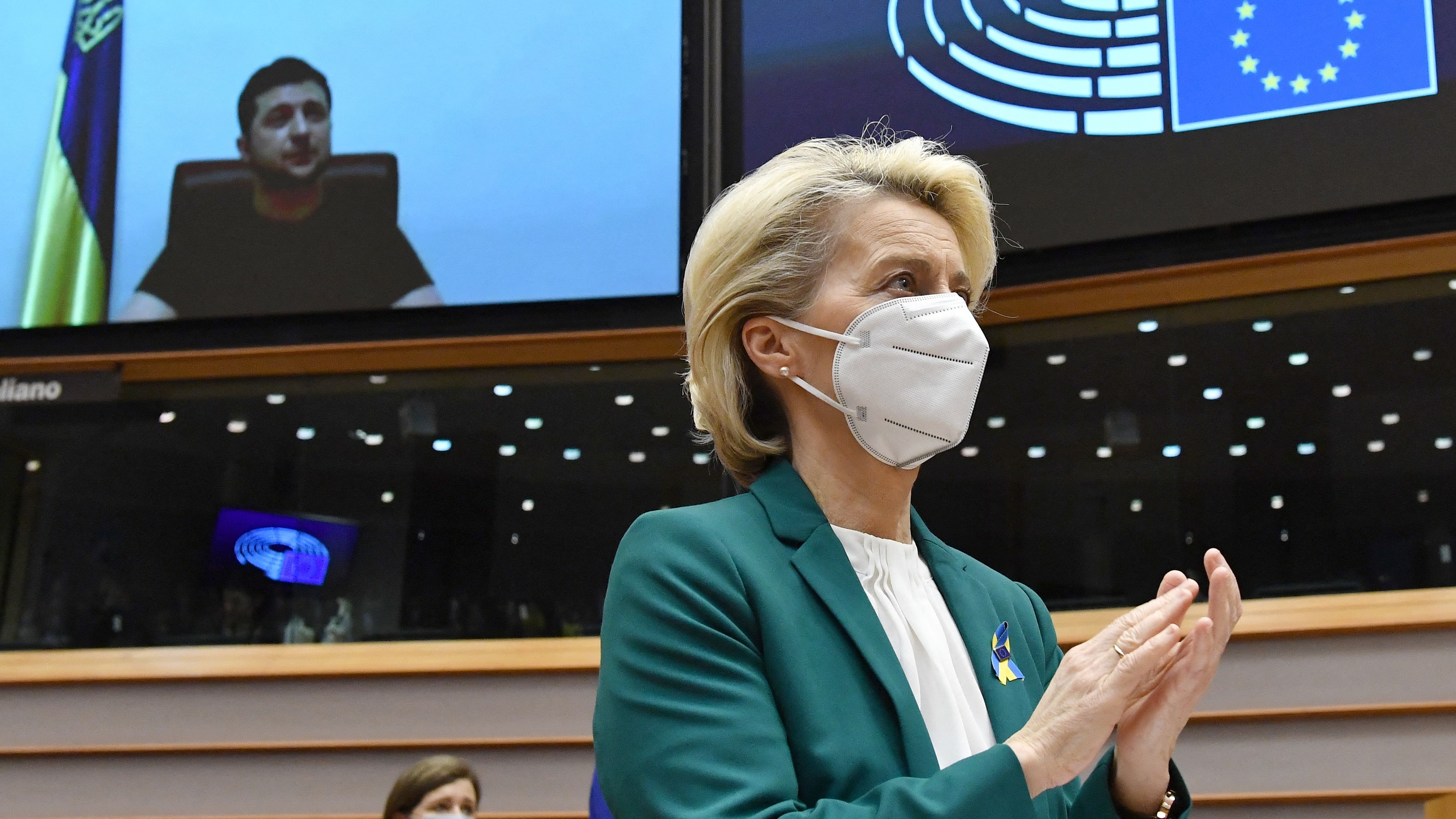 2 March: President of the European Commission Ursula von der Leyen rises to her feet during a standing ovation following an address by President Zelensky