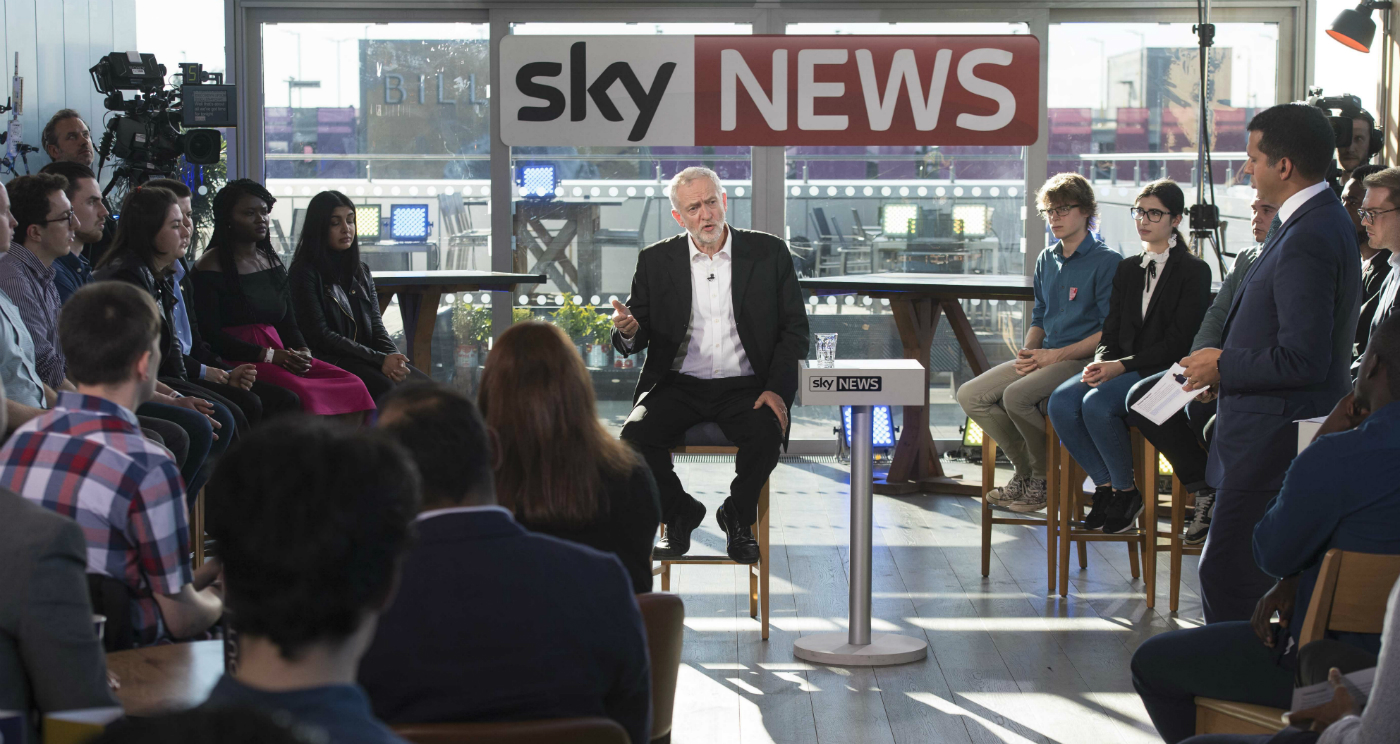 Labour leader Jeremy Corbyn speaks during a live TV debate at Sky News