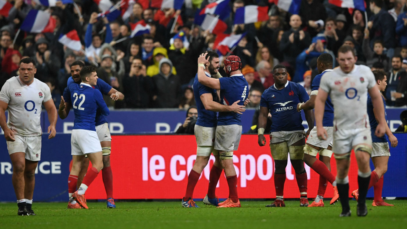 French players celebrate their win against England in the Six Nations