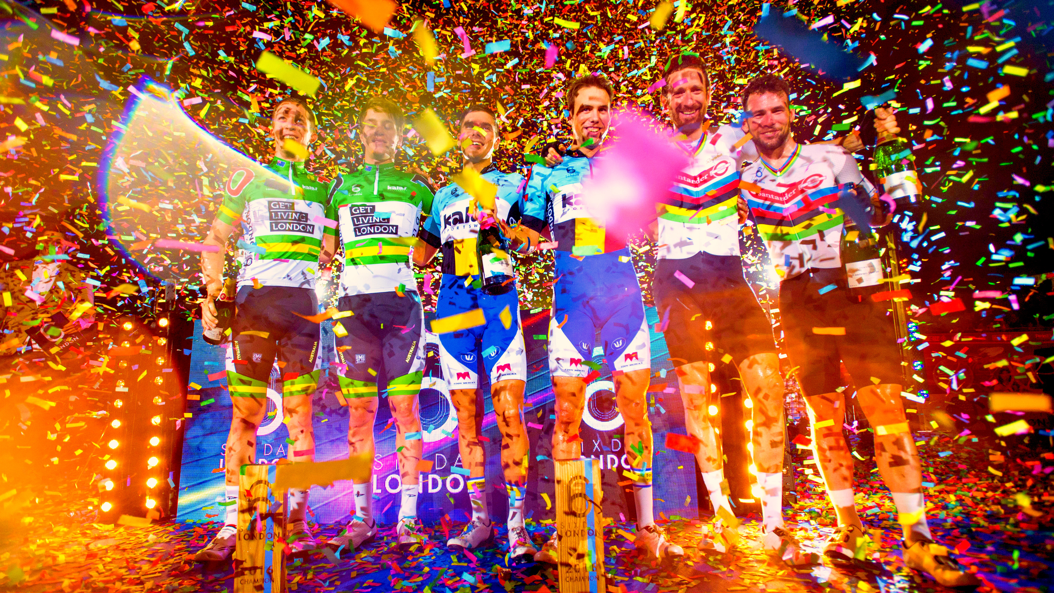 Cyclists including Sir Bradley Wiggins and Mark Cavendish celebrate after the Six Day London competition