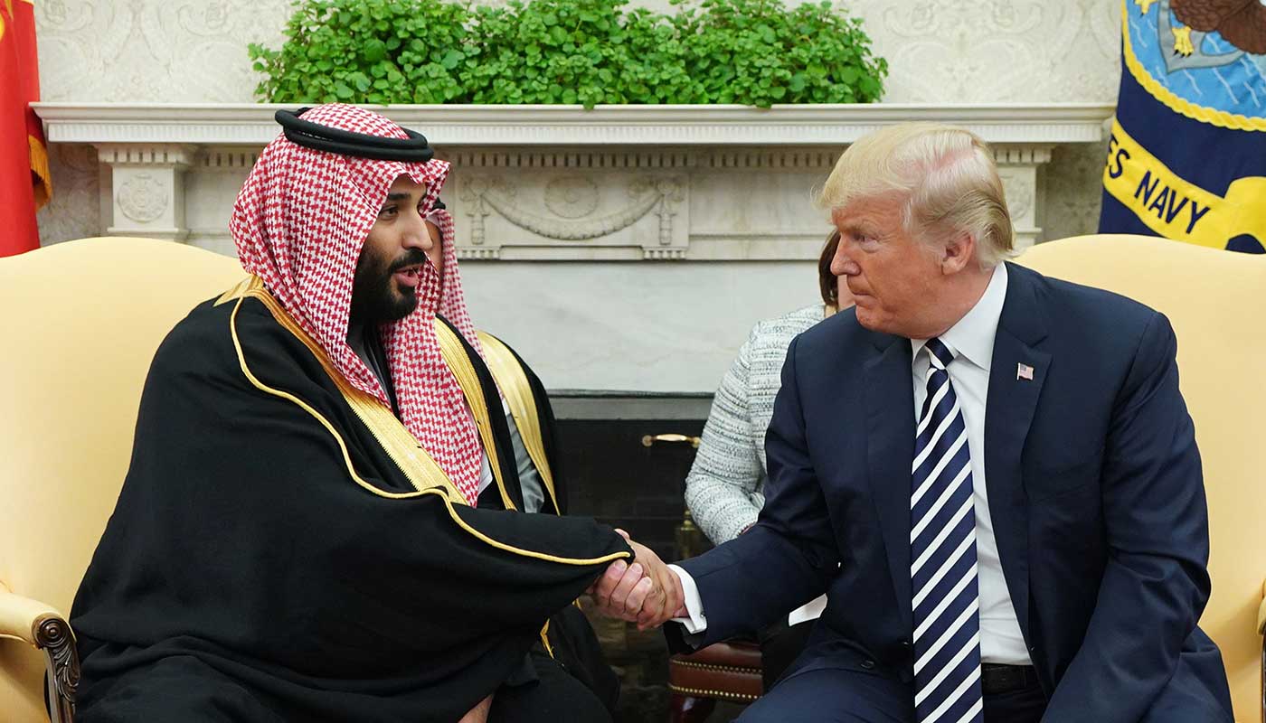 Saudi Crown Prince Mohammed bin Salman and Donald Trump shake hands in the Oval Office