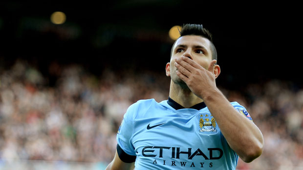 Sergio Aguero celebrates scoring Manchester City&#039;s second goal against Newcastle 