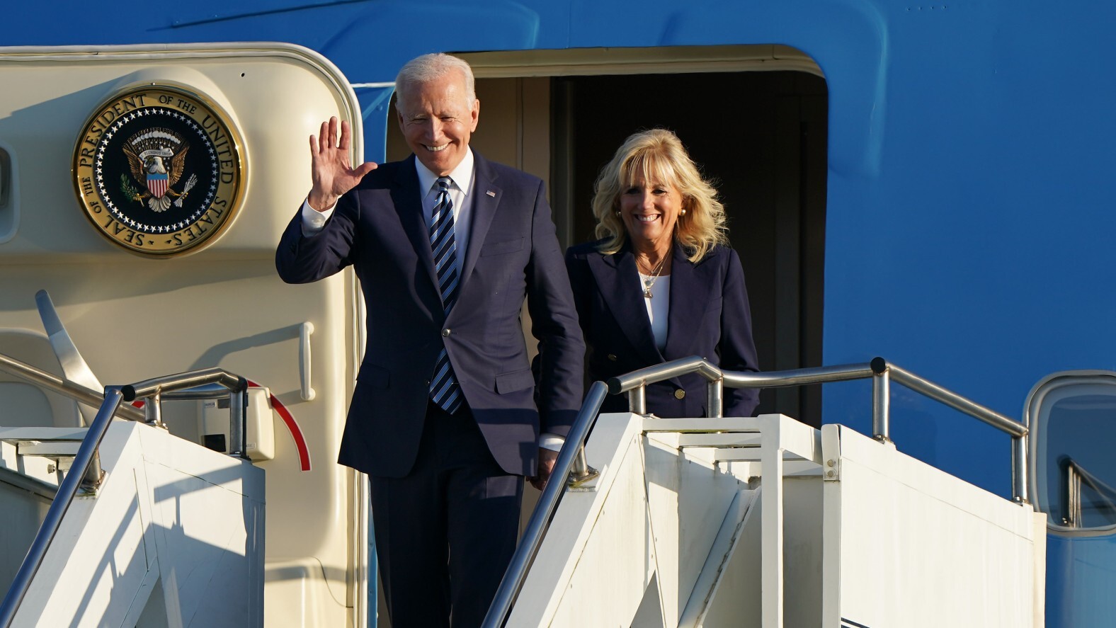 Joe and Jill Biden exit on Air Force One after flying into RAF Mildenhall in Suffolk 