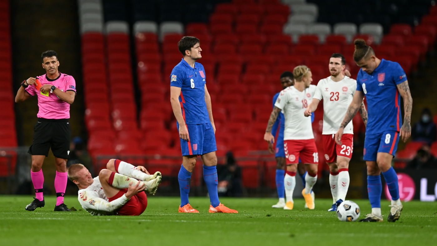 England defender Harry Maguire was sent off for two bookings against Denmark at Wembley 
