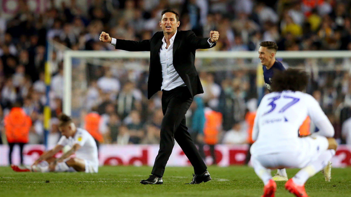 Derby County boss Frank Lampard celebrates his side’s win against Leeds at Elland Road