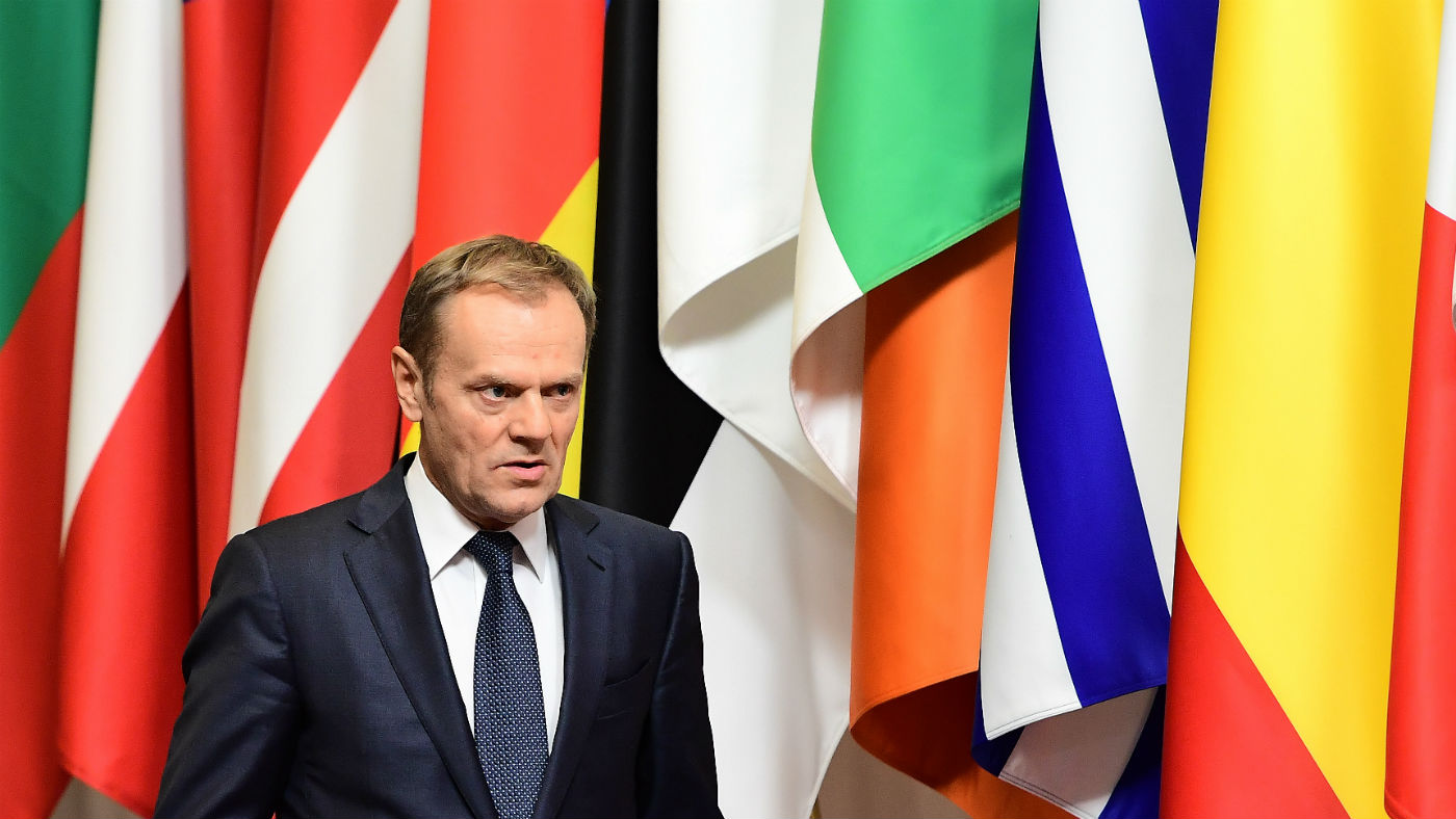 European Council President Donald Tusk in front EU national flags