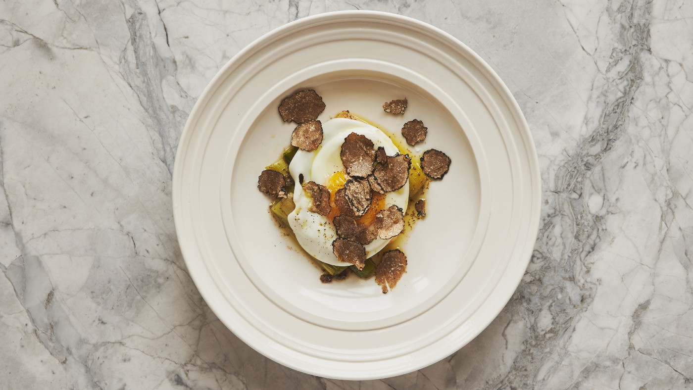 Egg, leeks and shaved truffle by Charlie Hibbert, chef director at Thyme 