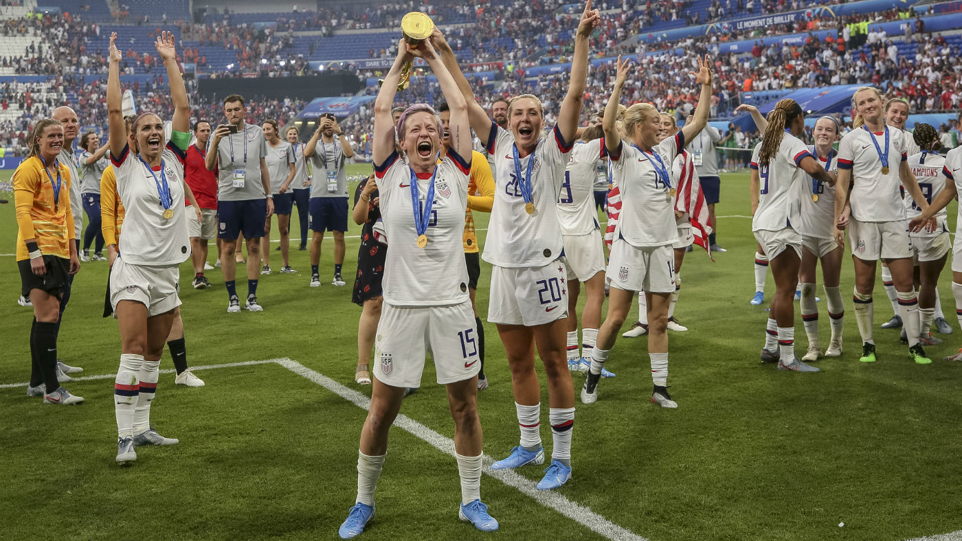Megan Rapinoe leads the US celebrations after their win in the Fifa Women’s World Cup final