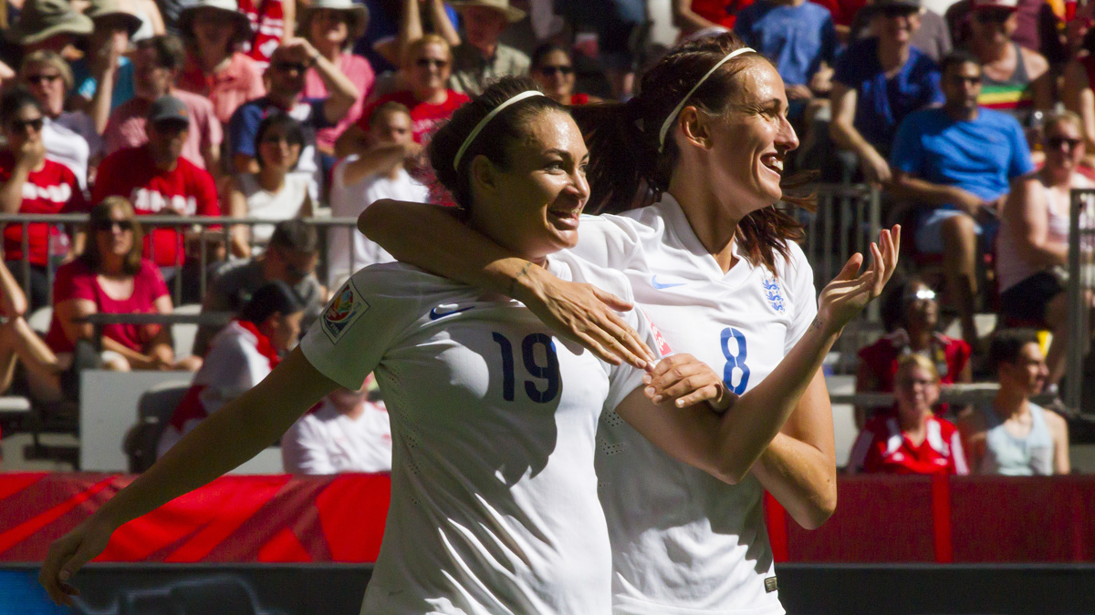 VANCOUVER, BC - JUNE 27: Jodie Taylor #19 of England celebrates her goal against Canada with teammate Jill Scott #8 during the FIFA Women&#039;s World Cup Canada 2015 Quarter Final match between t