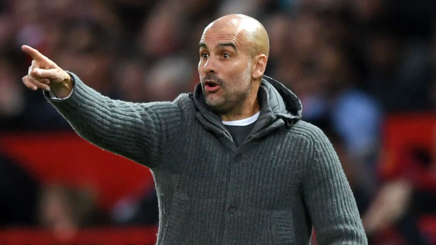 Man City manager Pep Guardiola reacts during the Manchester derby win against Man Utd