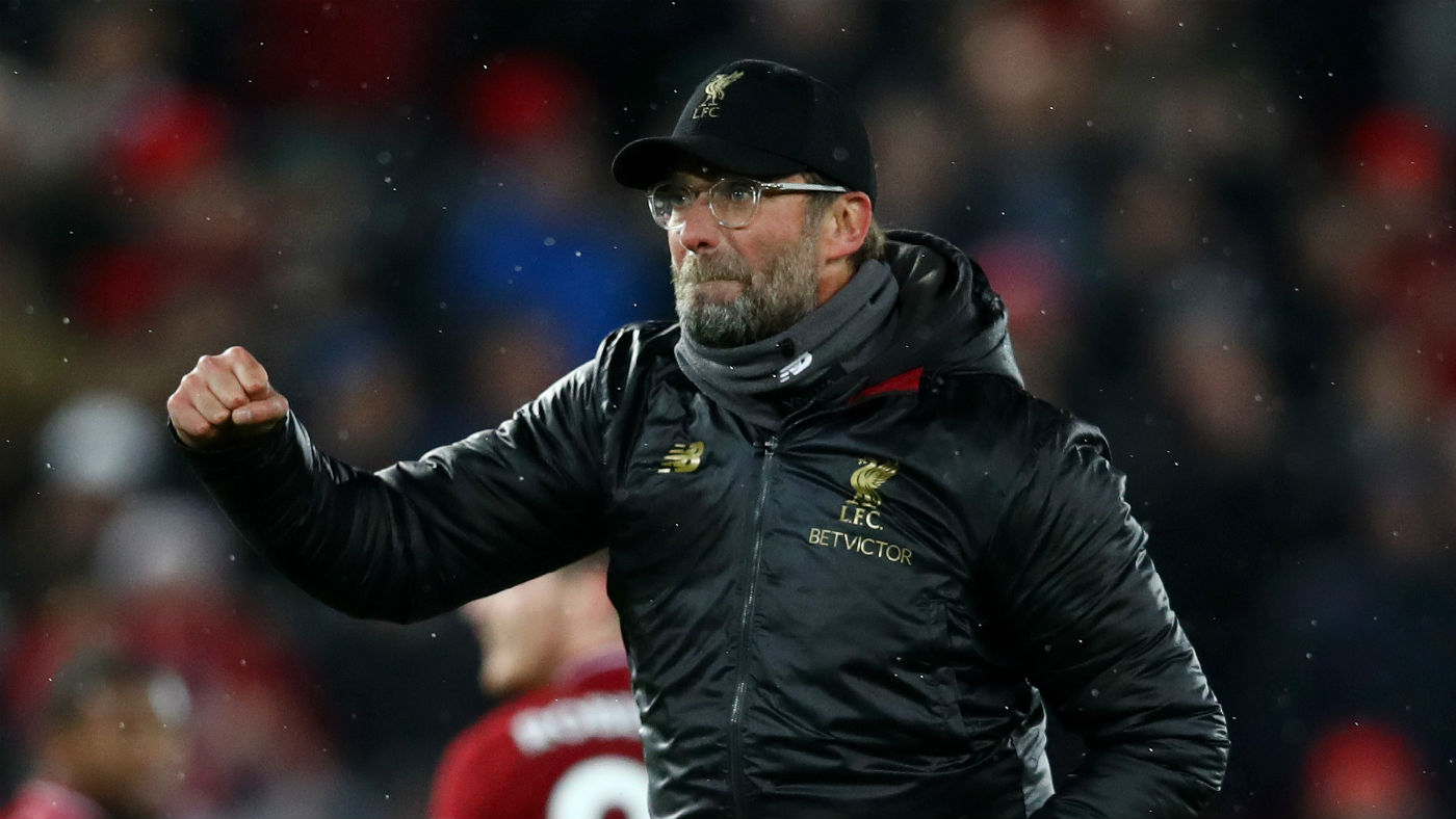 Liverpool manager Jurgen Klopp celebrates his side’s 3-1 win against Manchester United