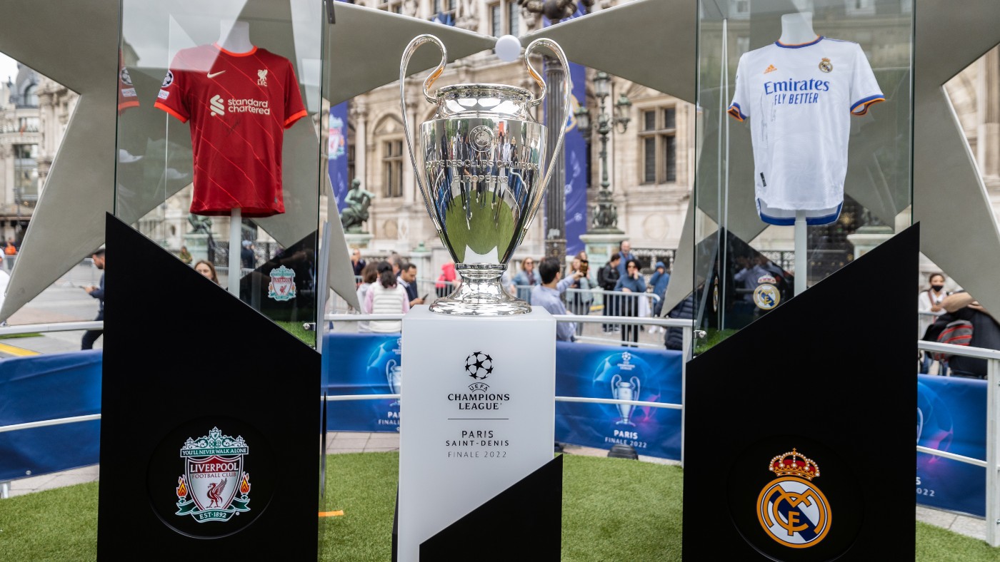 The Uefa Champions League trophy on display in Paris ahead of the 2022 final