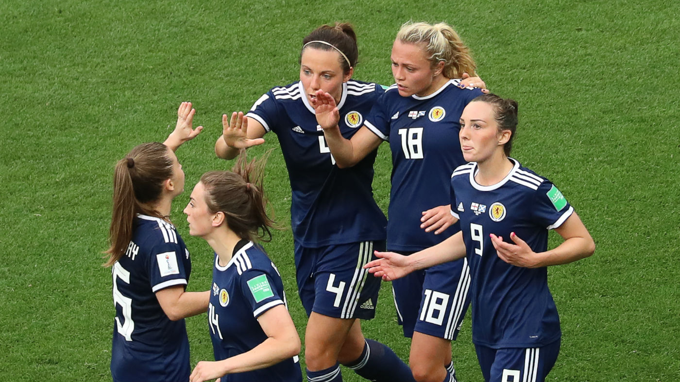 Scotland players celebrate Claire Emslie’s goal against England in the Fifa Women’s World Cup