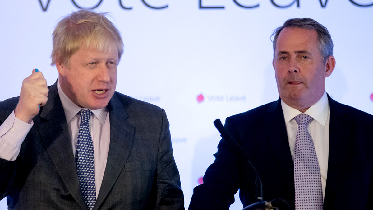 BRISTOL, ENGLAND - MAY 14:Conservative MP Boris Johnson (L) and Conservative MP and former Secretary of State for Defence Liam Fox speak at a Vote Leave event on May 14, 2016 in Bristol, Engl